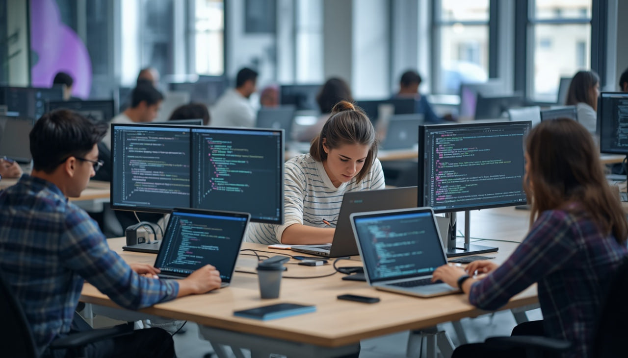 A group of developers collaborating at a modern desk, working on laptops and multi-monitor code setups in a bright, contemporary office space.