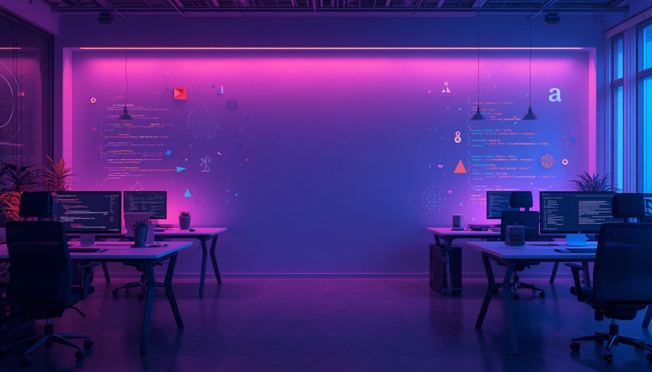 A modern office workspace with two rows of desks, computer monitors, and black office chairs, illuminated by a glowing purple and pink neon wall backdrop with floating digital interface graphics.