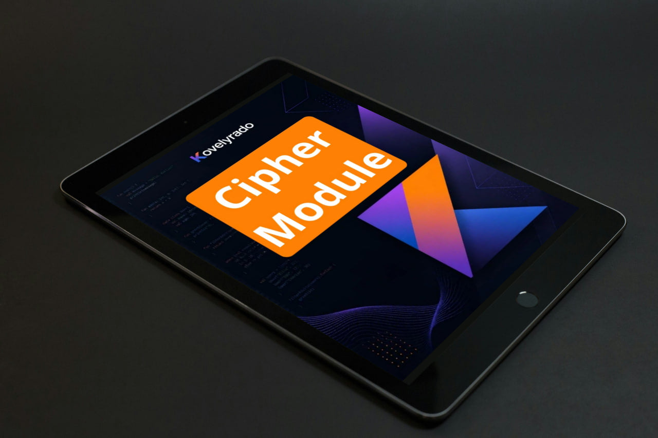 A black tablet device shown at an angle on a dark surface, displaying a colorful screen with the text 'Kaviyanso Cipher Module' in orange and purple.