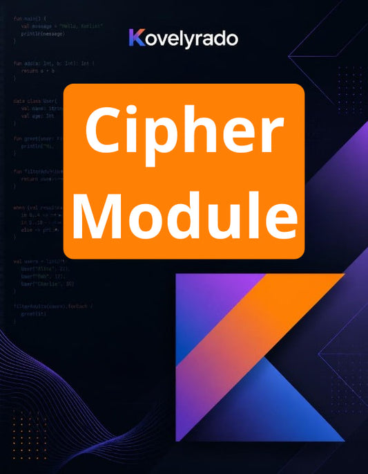 Digital cover graphic for a 'Cipher Module' by Kovelyrado, featuring a large orange square with white text on a dark navy background with purple and blue geometric accents.