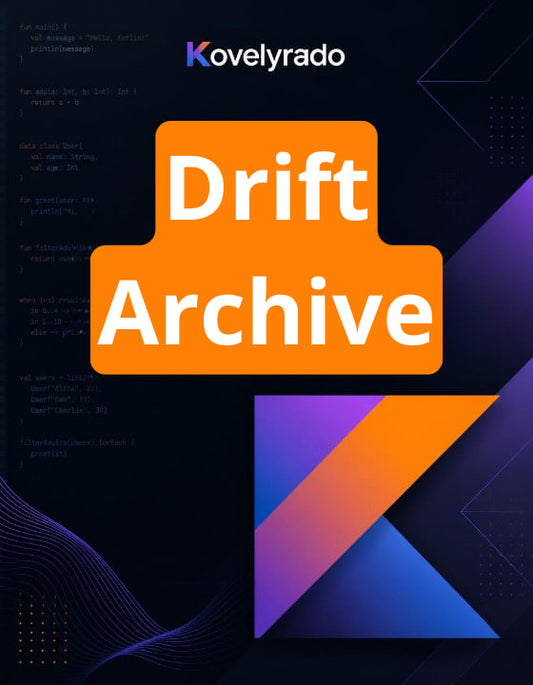 Promotional graphic for Kovelyrado Drift Archive, featuring a large orange block with white text on a dark navy background with purple and blue geometric accents and code elements.