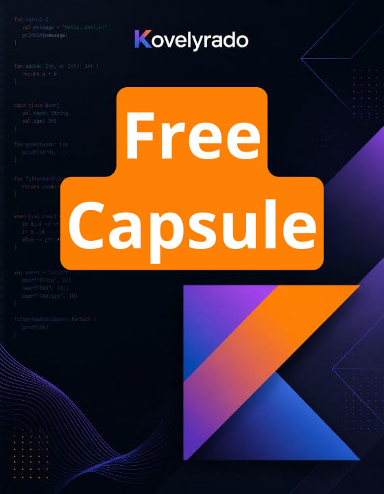 Promotional graphic for Kovelyrado Free Capsule, featuring a large orange block with white text on a dark navy and purple abstract background with code-like graphics and geometric shapes.