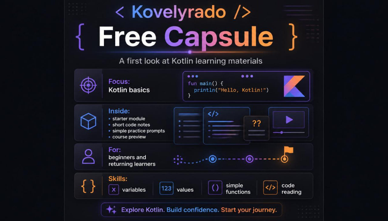 Promotional graphic for 'Free Capsule' learning materials by Kovyrlado, showcasing a dark-themed interface with Kotlin code blocks, icons, and text detailing the course focus, contents, target audience, and skills.