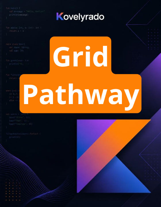 Digital cover graphic for 'Grid Pathway' by Kovelyrado, featuring a bold orange block with white text on a dark navy background with purple and blue geometric accents.