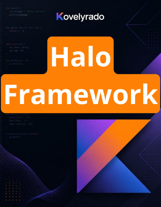 Promotional graphic for 'Halo Framework' by Kovelyrado, featuring a large orange block with white text over a dark navy and purple abstract background with geometric shapes and code snippets.
