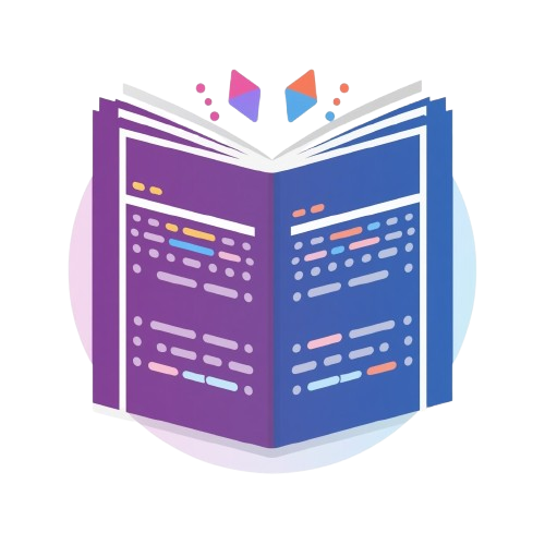 A stylized open book illustration with purple and blue pages, small colorful geometric shapes above, and a soft circular glow on a white background.