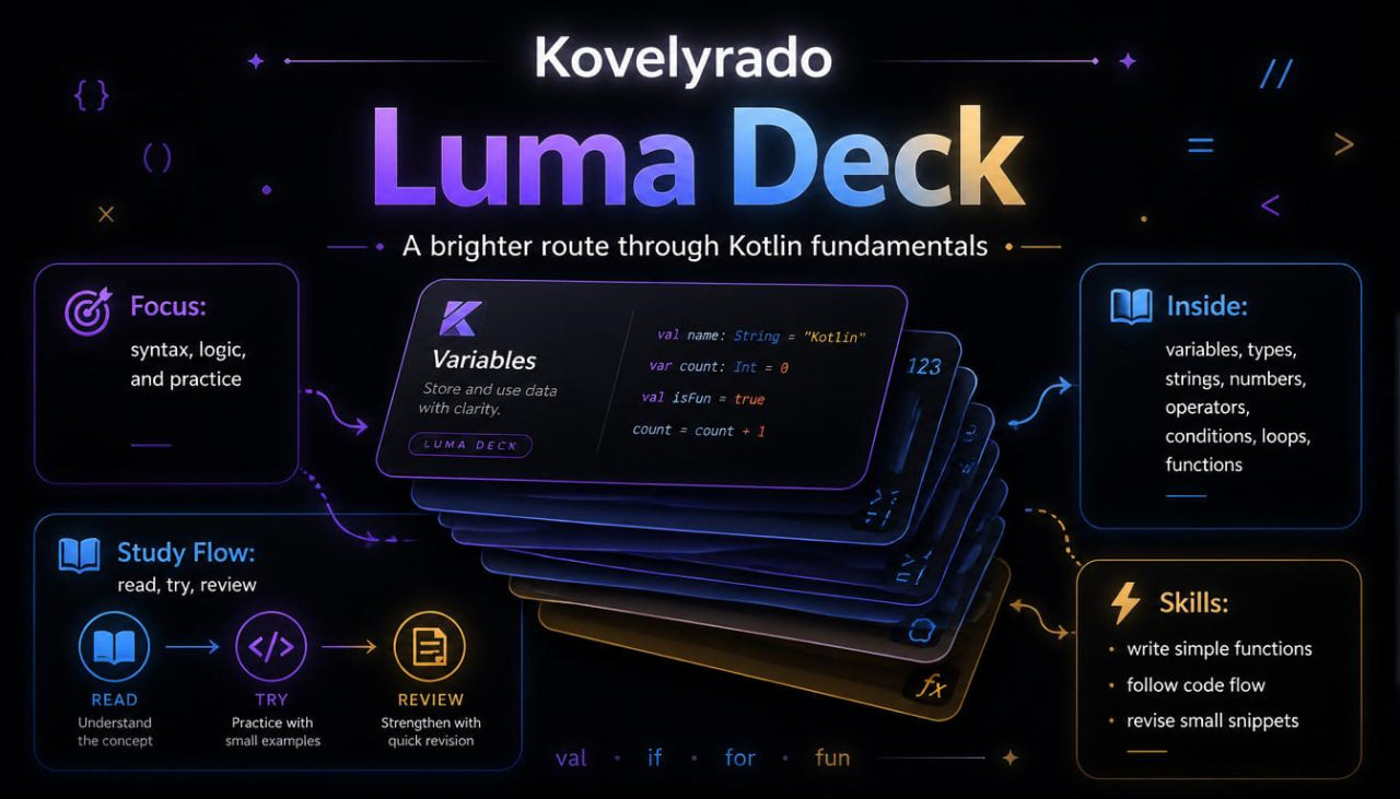 Promotional graphic for the Koveltyrado Luma Deck, a digital study deck for Kotlin fundamentals. The design features a dark background with neon purple and blue accents, showcasing a stack of card decks and a central code card displaying 'Variables'.