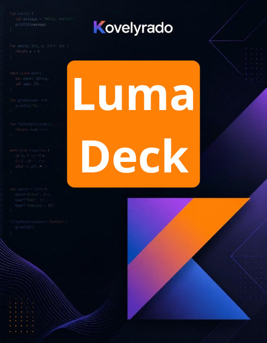 Promotional graphic for the Kovyryado Luma Deck, featuring a large orange square with white text reading 'Luma Deck' on a dark navy background with purple and blue geometric accents and code-like graphics.