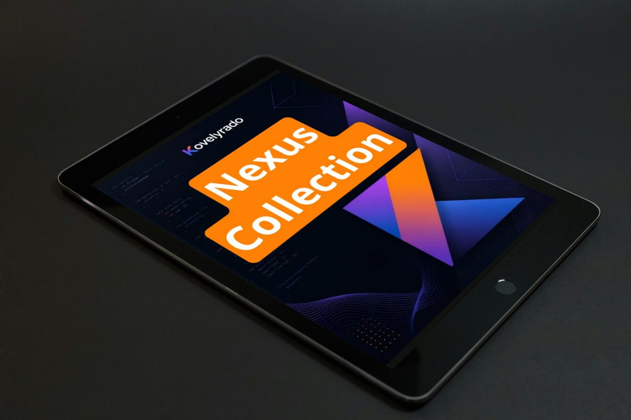 A black tablet device shown at an angle on a dark surface, displaying a colorful screen with the text 'Nexus Collection' and the Kowsynodo logo.
