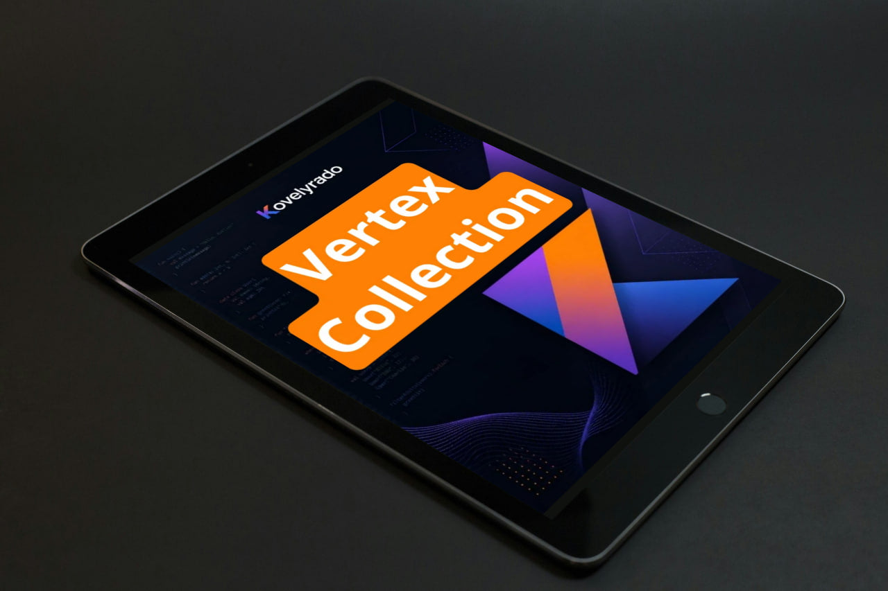 A black tablet device shown at an angle on a dark surface, displaying a colorful screen with the text 'Koyepaso Vertex Collection' over a dark abstract graphic.