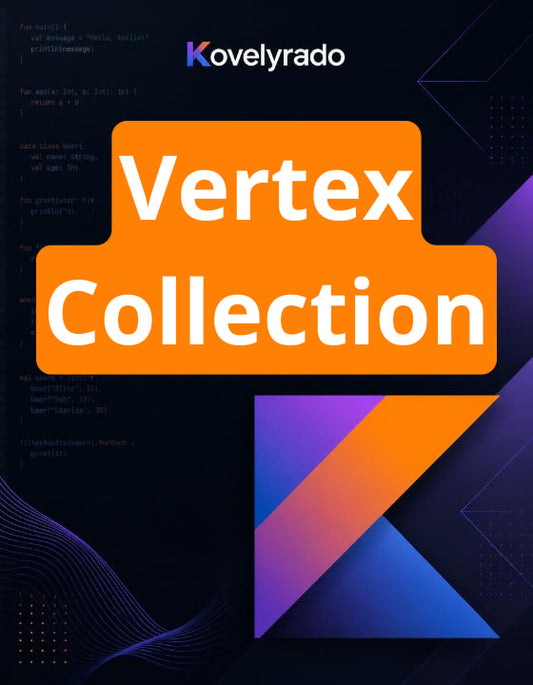 Promotional graphic for 'Vertex Collection' by Kovelyrado, featuring a large orange block with white text on a dark navy background with purple and blue geometric accents.